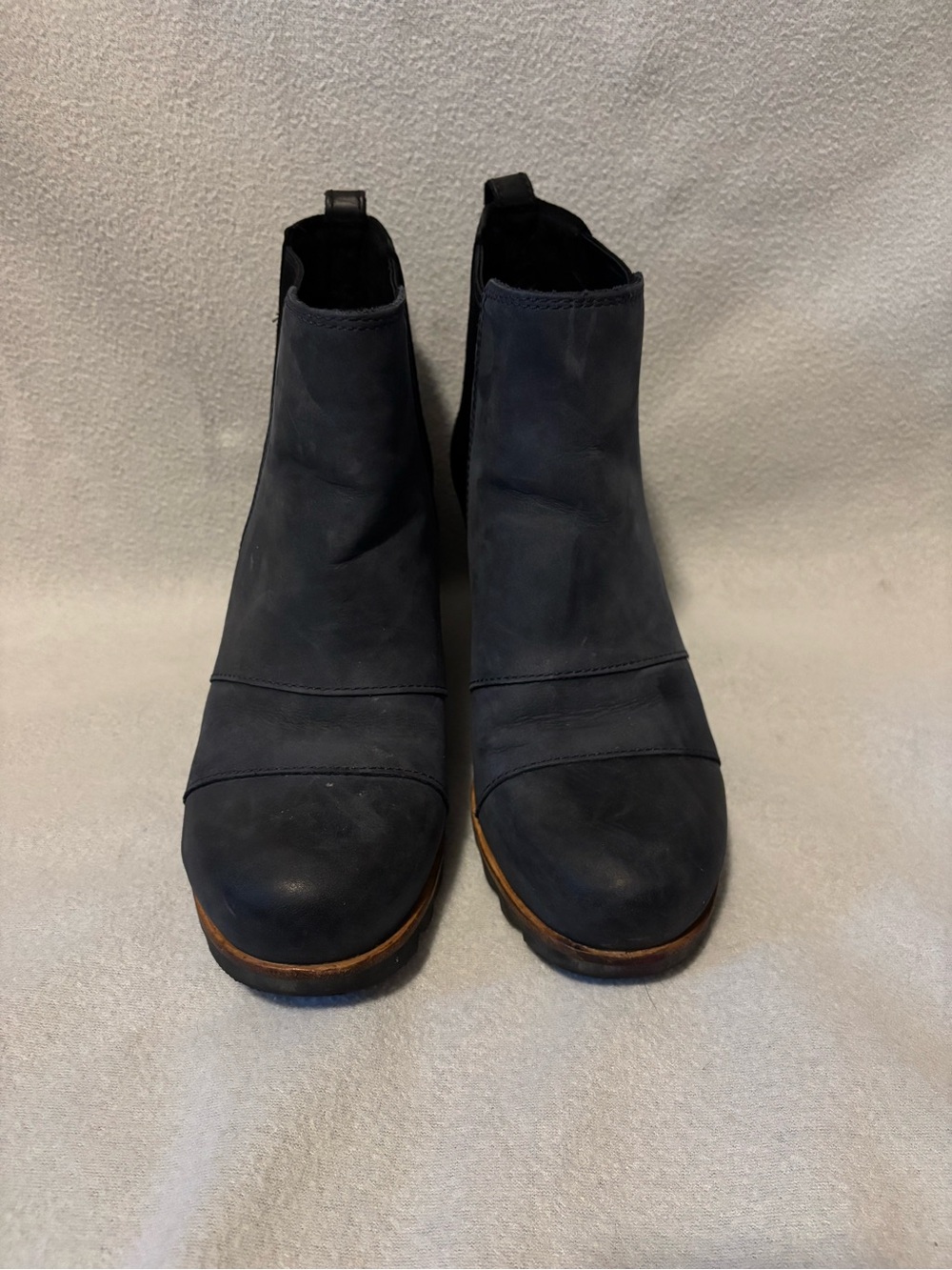 Sorel Women's Navy Leather Chelsea Heeled Boots with Brown Sole